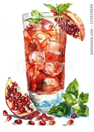 A watercolor artwork of iced tea garnished with pomegranate A watercolor artwork of iced tea garnished with pomegranate 125834849