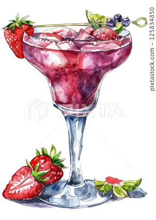 Fresh Strawberry Mint Cocktail Watercolor Illustration Fresh Strawberry Mint Cocktail Watercolor Illustration 125834850