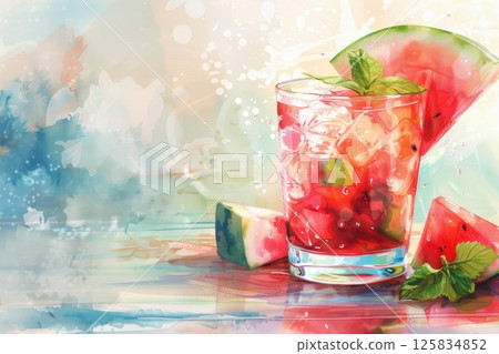A whimsical watercolor of a watermelon cocktail, infused with the lightness A whimsical watercolor of a watermelon cocktail, infused with the lightness 125834852