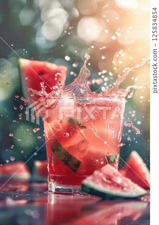 Refreshing Watermelon Cocktail Splash in Glass with Bokeh Background Refreshing Watermelon Cocktail Splash in Glass with Bokeh Background 125834854