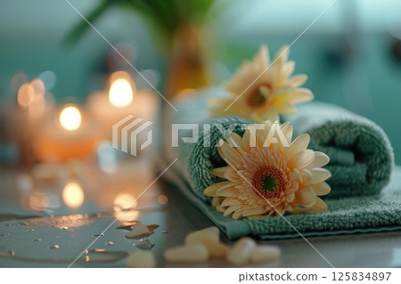 Chamomile Essential Oil with Towel and Daisy Flowers on Wooden Surface Chamomile Essential Oil with Towel and Daisy Flowers on Wooden Surface 125834897