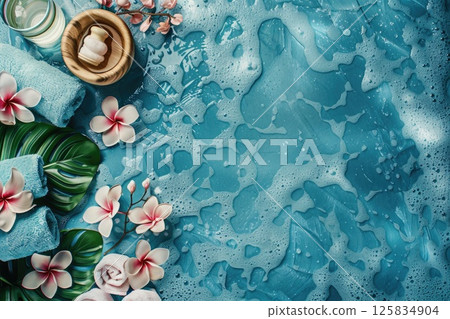 Tranquil Spa Retreat with Orchids, Towels, and Aromatic Candles on Aqua Background 125834904