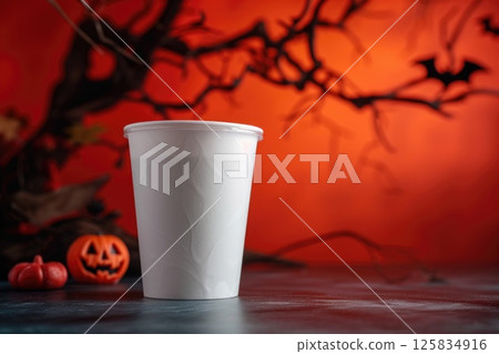 Spooky Season Coffee Concept with Halloween Pumpkins and Orange Backdrop 125834916