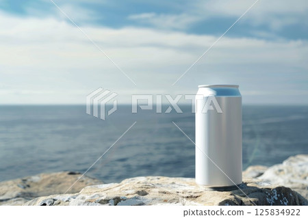 Blank Aluminum Can on Rocky Shore Overlooking Ocean Blank Aluminum Can on Rocky Shore Overlooking Ocean 125834922