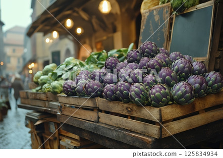 Roman Artichoke Market Stall Overflowing with Morning Color and Rustic Charm 125834934