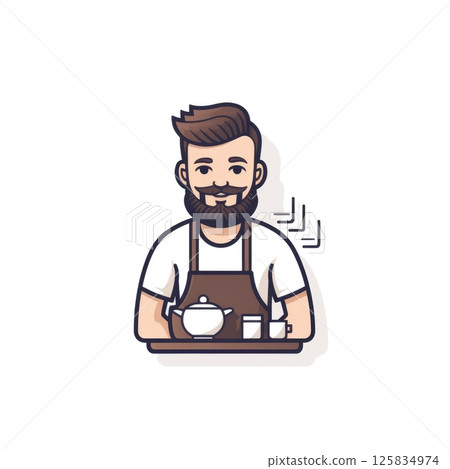 graphic logo of barista with cup of coffee on white background. 125834974