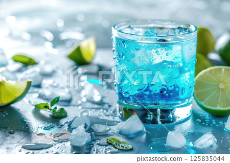 Vibrant Blue Lagoon Cocktail Garnished with Lemon on Textured Background Vibrant Blue Lagoon Cocktail Garnished with Lemon on Textured Background 125835044