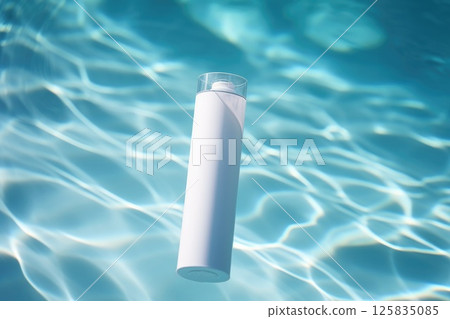 White blank cosmetic bottle tube mock up lies on the water surface 125835085