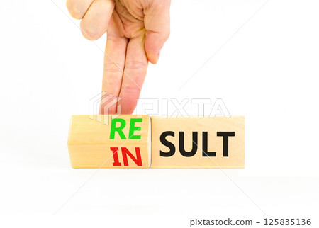 Result or insult symbol. Concept words Result Insult on wooden cubes. Beautiful white table white background. Businessman hand. Business and result or insult concept. Copy space. 125835136