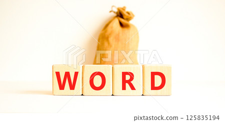 Word symbol. Concept word Word on beautiful wooden blocks. Beautiful canvas bag. Beautiful white table white background. Business, lifestyle, support and word concept. Copy space. 125835194