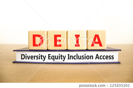 Diversity equity inclusion access symbol. Concept words DEIA diversity equity inclusion access on blocks. Beautiful white background. Business diversity equity inclusion access concept. Copy space. 125835201