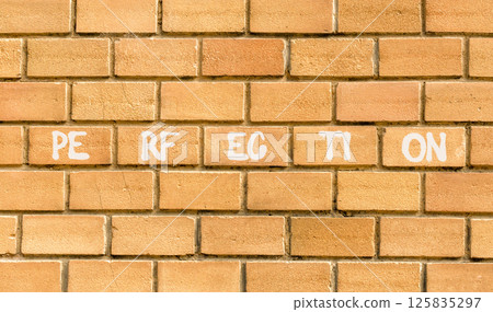 Perfection symbol. Concept word Perfection on beautiful brown bricks. Beautiful brown brick wall background. Business perfection concept. Copy space. Perfection symbol. Concept word Perfection on beautiful brown bricks. Beautiful brown brick wall background. Business perfection concept. Copy space. 125835297