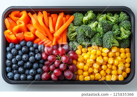Lunch box in a gradient of colors: featuring red bell peppers, orange carrots, yellow corn, green beans, blueberries and purple grapes. 125835366