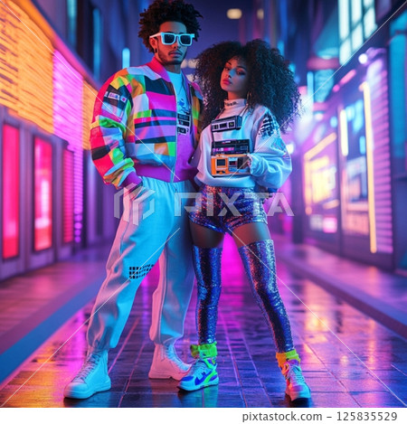 Retro 80s Fashion Couple with Neon Lights 125835529