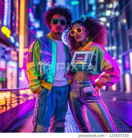 Retro 80s Fashion Couple with Neon Lights 125835530