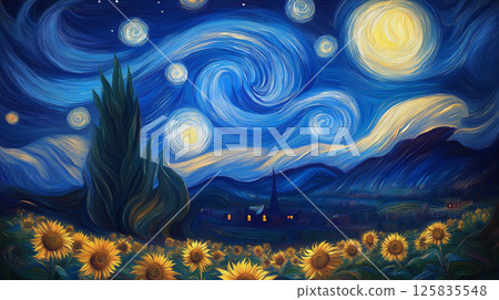 Summer night with sunflower field and full moon. Oil painting style illustration 125835548