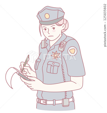 A Female Police Officer is Taking Detailed Notes in a Professional Setting to Document 125835602