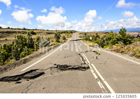 The Damaged asphalt road Crater Rim Drive in the Hawaii Volcanoes National Park after earthquake and eruption of Kilauea 125835605