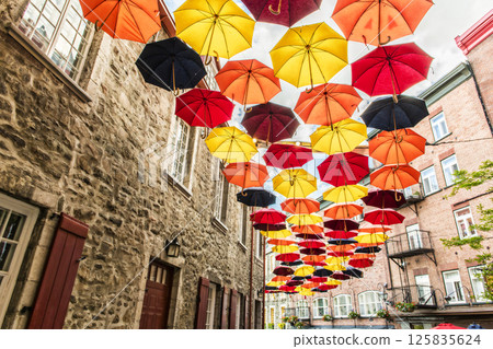 Lot of Umbrellas in Petit Champlain street Quebec city, Canada 125835624