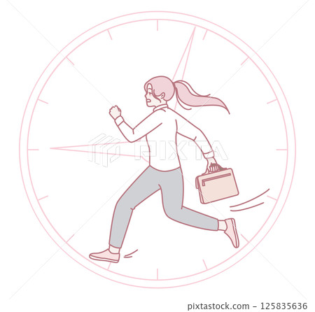 A Woman in a Suit, Late for Work with a Briefcase and Clock, Trying to Arrive on Time A Woman in a Suit, Late for Work with a Briefcase and Clock, Trying to Arrive on Time 125835636
