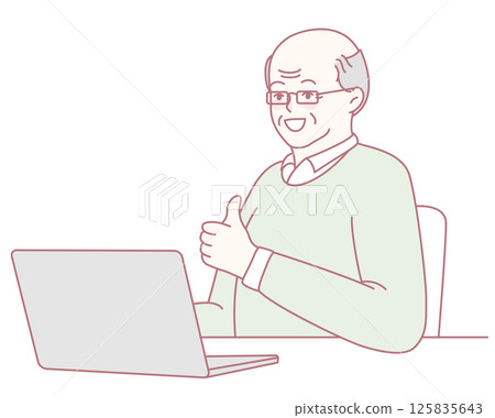 A Senior Man Working on His Laptop and Giving a Thumbs Up Gesture of Approval and Joy A Senior Man Working on His Laptop and Giving a Thumbs Up Gesture of Approval and Joy 125835643