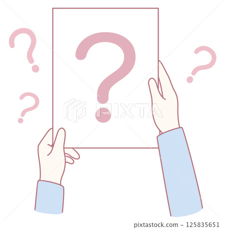 Curious hands gripping a blank sheet of paper adorned with various question marks for exploration 125835651