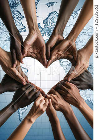 Hands of diverse skin tones arranged in a circle forming a heart shape over a faint world map backdrop symbolizing global unity and cooperation. 125835652