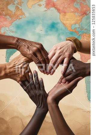 Hands of diverse skin tones arranged in a circle forming a heart shape over a faint world map backdrop symbolizing global unity and cooperation. 125835653