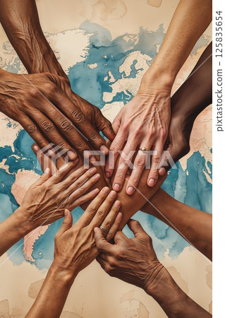 Hands of diverse skin tones arranged in a circle forming a heart shape over a faint world map backdrop symbolizing global unity and cooperation. Hands of diverse skin tones arranged in a circle forming a heart shape over a faint world map backdrop symbolizing global unity and cooperation. 125835654