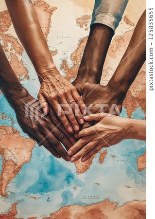Hands of diverse skin tones arranged in a circle forming a heart shape over a faint world map backdrop symbolizing global unity and cooperation. Hands of diverse skin tones arranged in a circle forming a heart shape over a faint world map backdrop symbolizing global unity and cooperation. 125835655