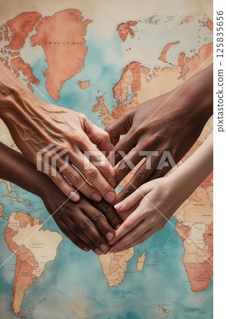 Hands of diverse skin tones arranged in a circle forming a heart shape over a faint world map backdrop symbolizing global unity and cooperation. 125835656
