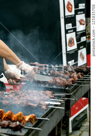 Chef Grilling Meat Skewers Street Food Chef Grilling Meat Skewers Street Food 125835708