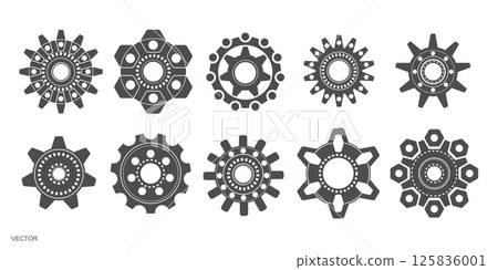 Set of gears .Technical drawing of gear . Rotating mechanism of round parts . 125836001