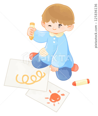 Boy playing with crayons 125836136