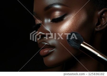 African female model with radiant makeup highlighting cheekbones 125836182