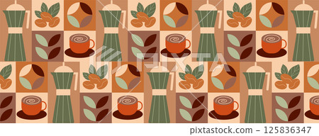 Coffee and tea geometric pattern in Bauhaus style. Abstract print background with simple shapes for coffee shop, food packaging, menu. Coffee and tea geometric pattern in Bauhaus style. Abstract print background with simple shapes for coffee shop, food packaging, menu. 125836347