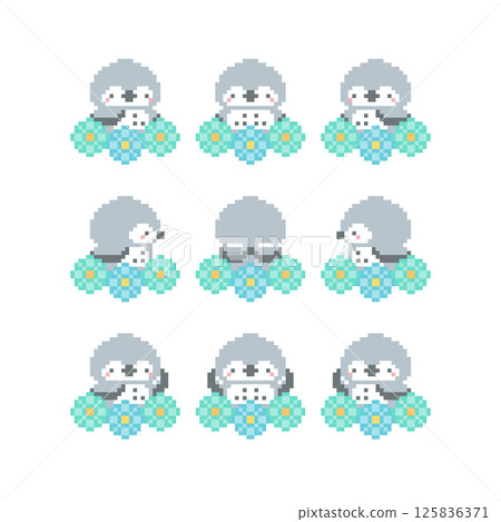 Pixel art of a gray owl with flowers 125836371