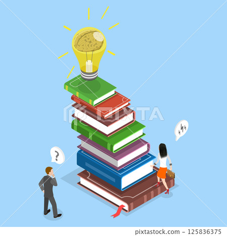 3D Isometric Flat Vector Illustration of Self-management, Businessman Ascending Book Stairs With Light Bulb Atop His Head. 3D Isometric Flat Vector Illustration of Self-management, Businessman Ascending Book Stairs With Light Bulb Atop His Head. 125836375