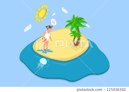 3D Isometric Flat Vector Illustration of Dangers Of The Sea, Child Endures Jellyfish Attack 125836382