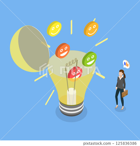 3D Isometric Flat Vector Illustration of Employee Happiness, Reveal Smiling Face Symbol Inside Open Lightbulb 125836386