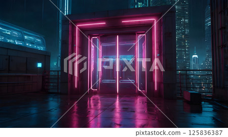 glowing doorway symbolism on a futuristic city rooftop with neon glow, cyberpunk vibe in sci-fi tech mood 125836387