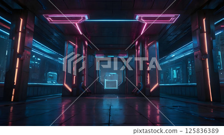 glowing doorway symbolism on a futuristic city rooftop with neon glow, cyberpunk vibe in sci-fi tech mood 125836389