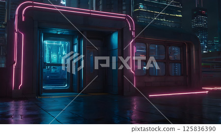 glowing doorway symbolism on a futuristic city rooftop with neon glow, cyberpunk vibe in sci-fi tech mood 125836390