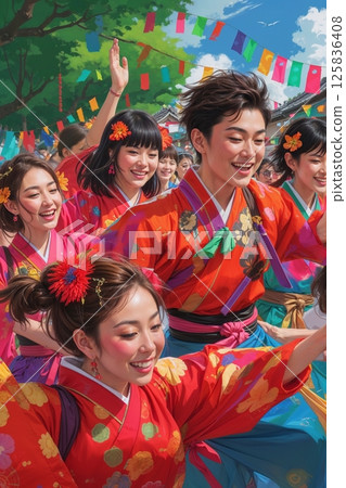 Bright Yasakoi Festival in Japan with dancers in colorful kimonos, festive banners, lanterns, and joyful celebration under mountain skies. 125836408