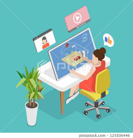3D Isometric Flat Vector Illustration of Virtual Open House, Real Estate Tour 125836446