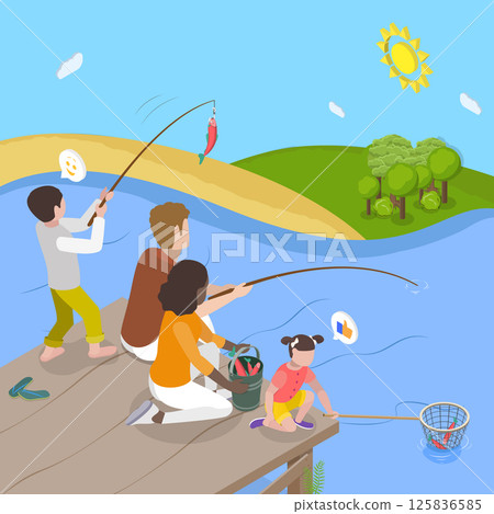 3D Isometric Flat Vector Illustration of Enjoying Fishing, Happy Family Having Fun 125836585
