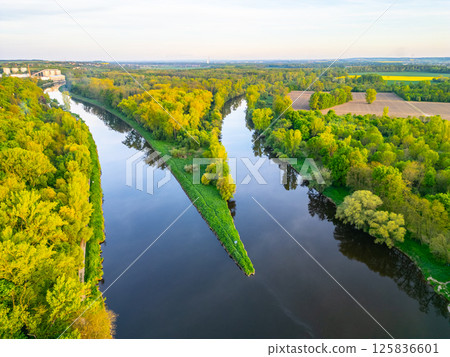 Aerial view capturing the stunning confluence of the Vltava and Labe rivers near Melnik, Czechia. Lush greenery surrounds the rivers, showcasing natural beauty during a clear day. 125836601