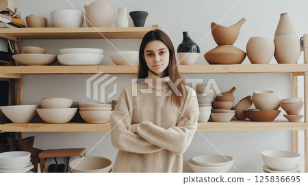 Confident ceramist posing with arms crossed in her workshop 125836695