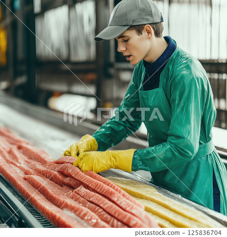 Fish factory worker processing salmon fillets on conveyor belt 125836704