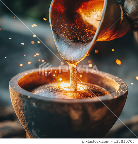 Foundry worker pouring molten metal into mold, creating sparks and glow 125836705